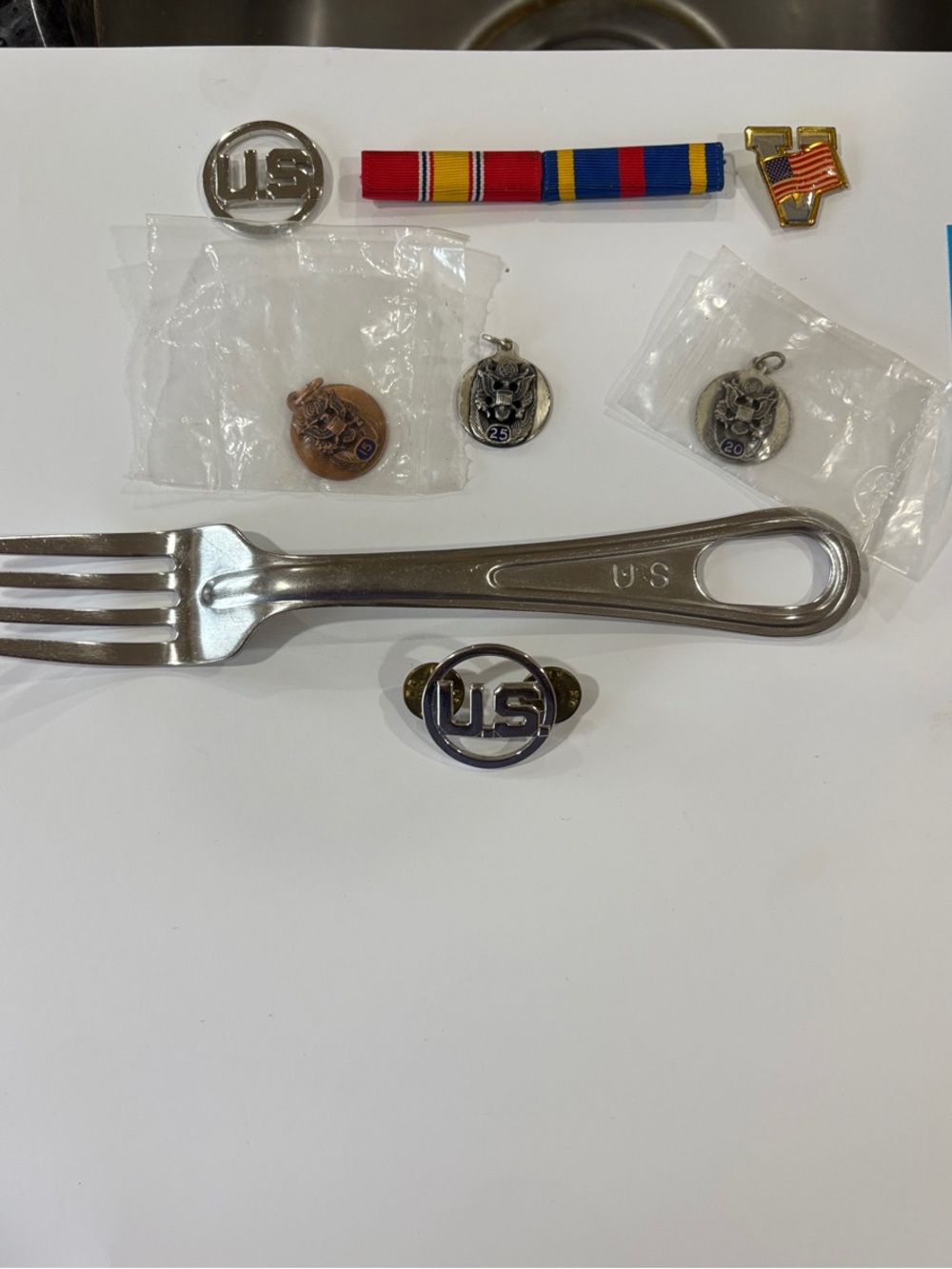 U.S. Army Silver Fork and Insignia Pins with Multi-Color Ribbon